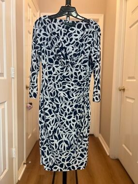 Ralph Lauren Navy & White Loop-Print Faux-Wrap Midi Dress